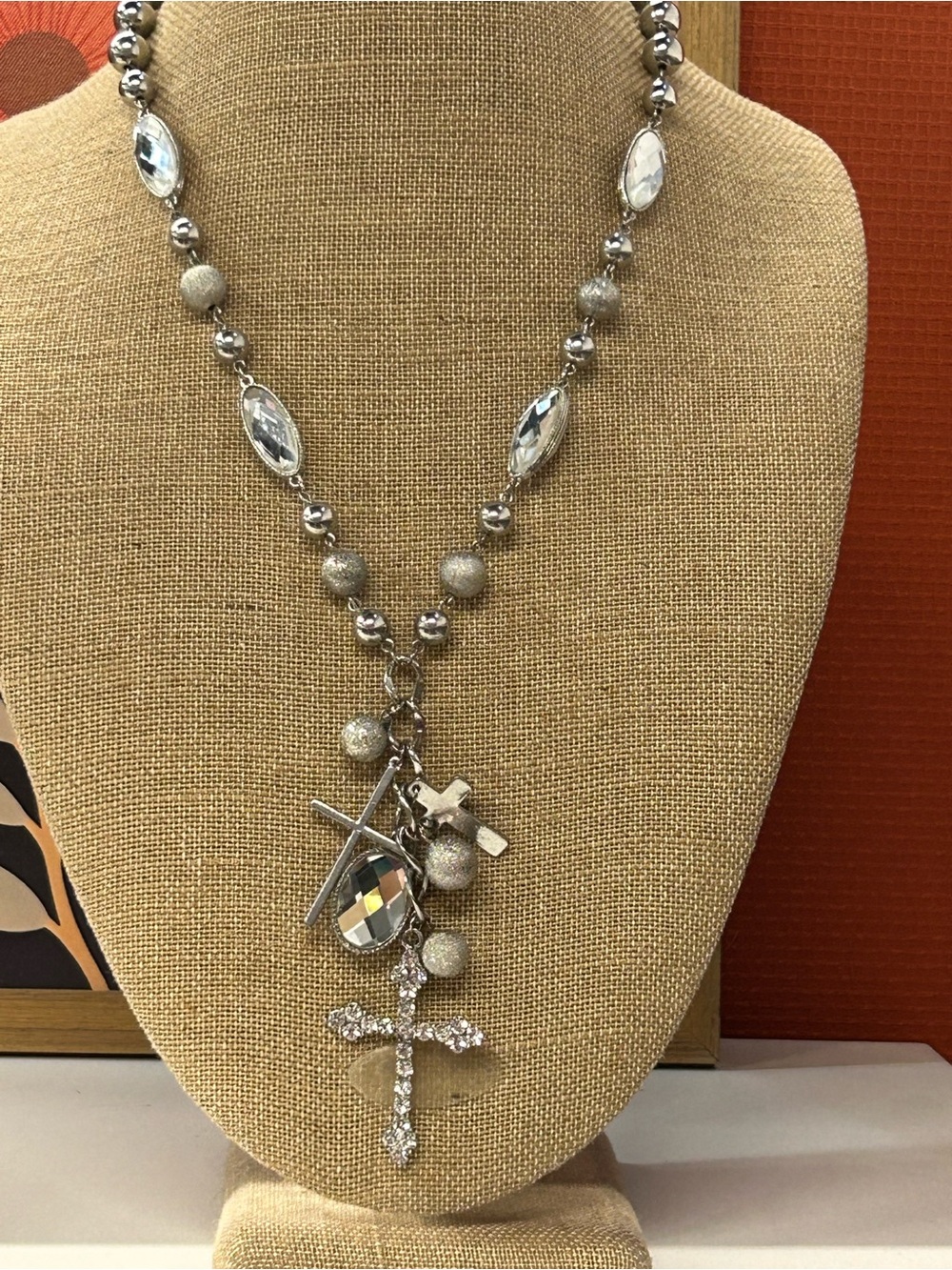 Silver cross bling necklace
